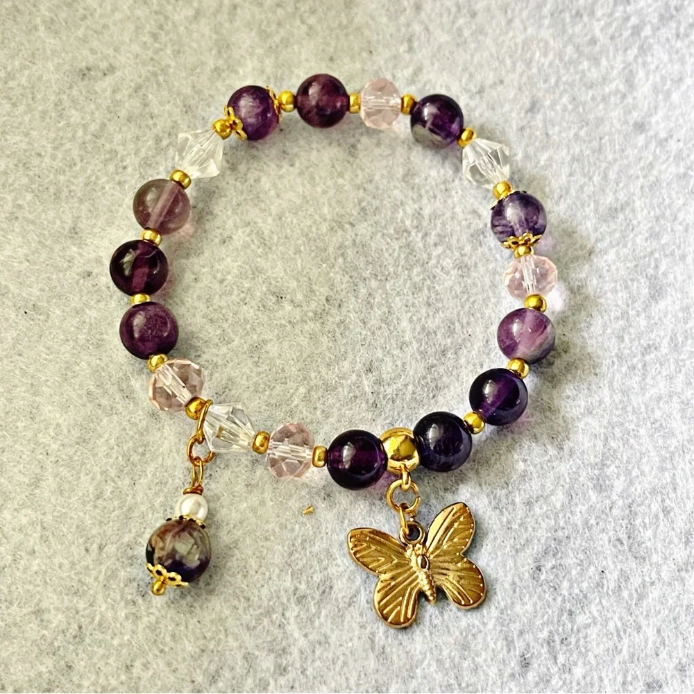Handmade Bracelet with Beads and Crystals – Gold Butterfly Charm